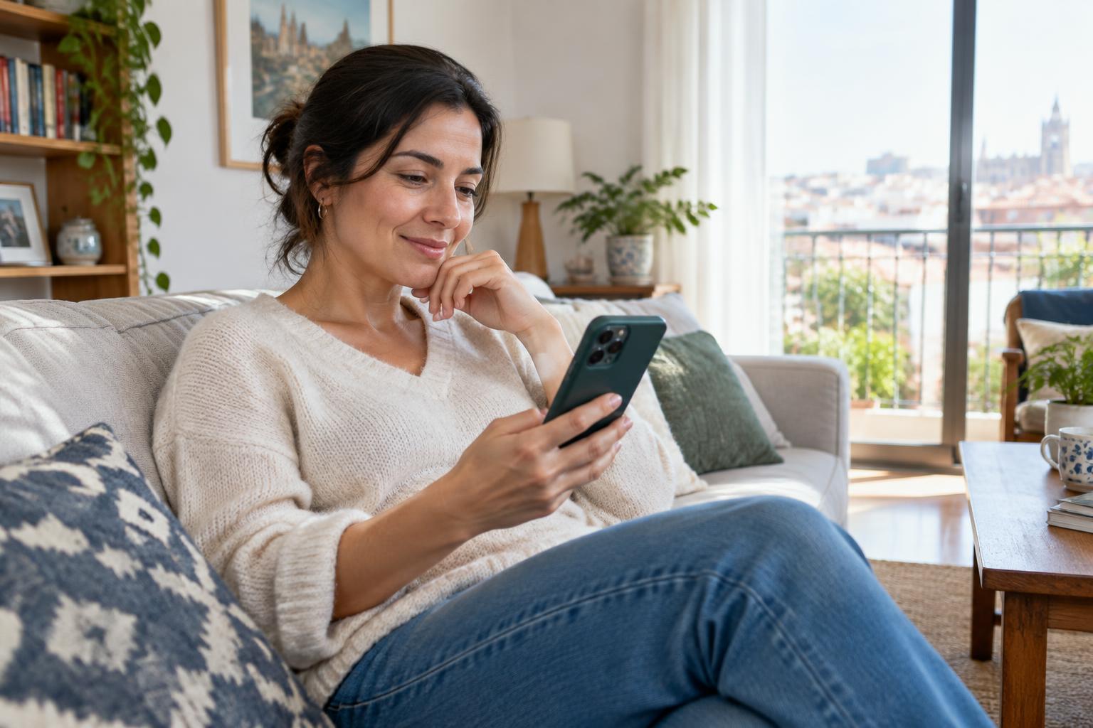 Paciente leyendo la respuesta de su traumatólogo en casa